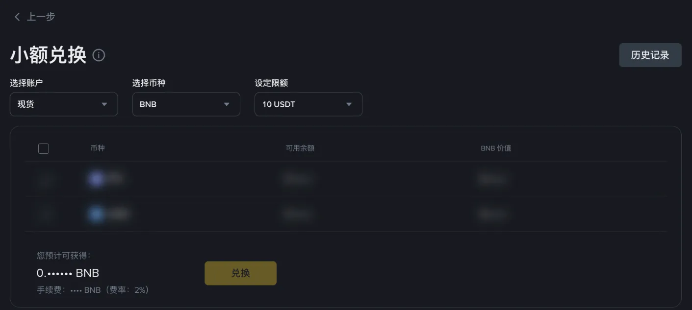 币安【小额兑换】页面：选择账户、兑换成的币种和限额，下方显示手续费率 2%（登录后截图，个人信息已遮盖）
