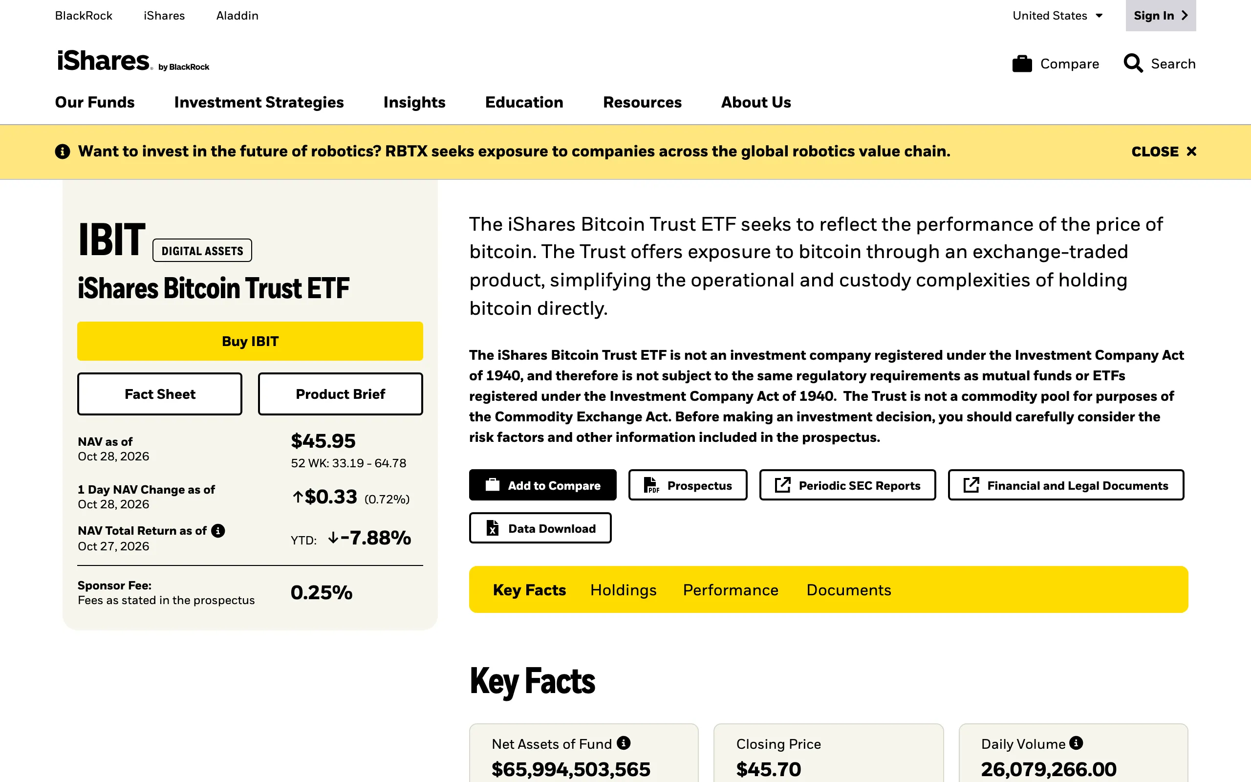 iShares Bitcoin Trust ETF(IBIT)官方产品页,显示年费 0.25% 和基金净资产