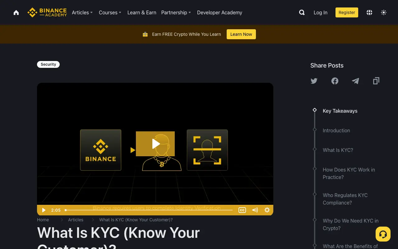 Binance Academy's official KYC explainer, showing identity verification content