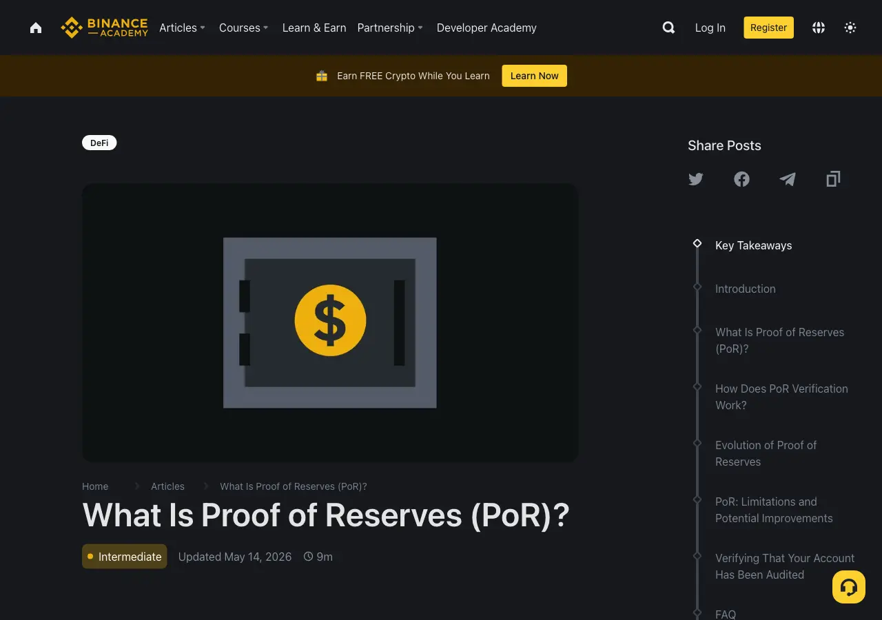 Binance's proof-of-reserves page, showing published reserve ratios for major assets held on the platform
