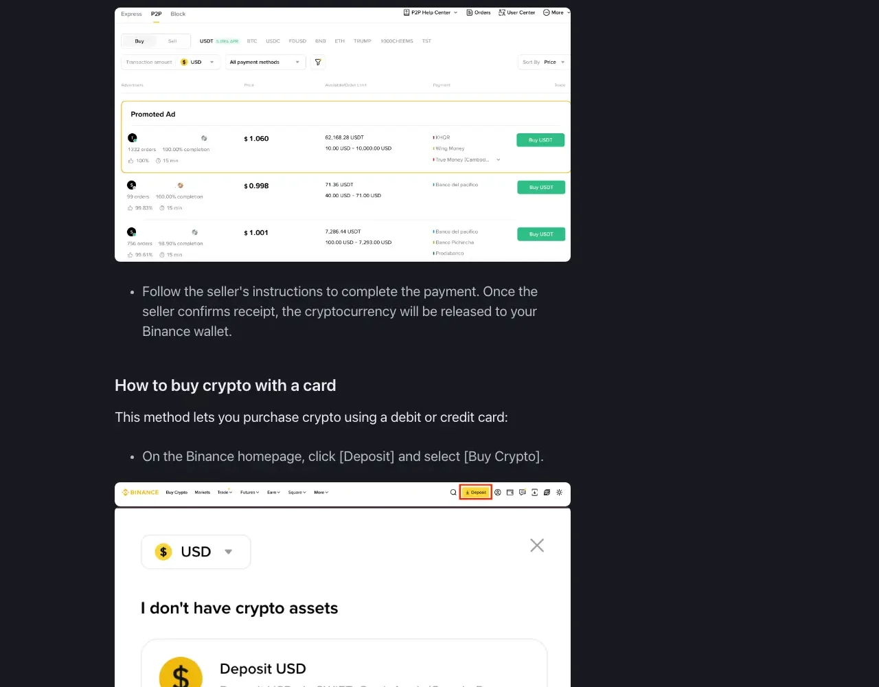 Binance's official documentation showing the P2P ad list with price, available amount, payment methods and each merchant's track record