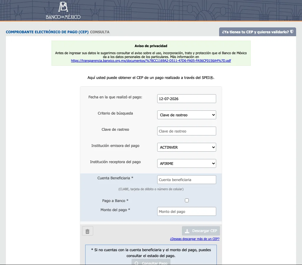 Banxico's official CEP validator for verifying SPEI transfers