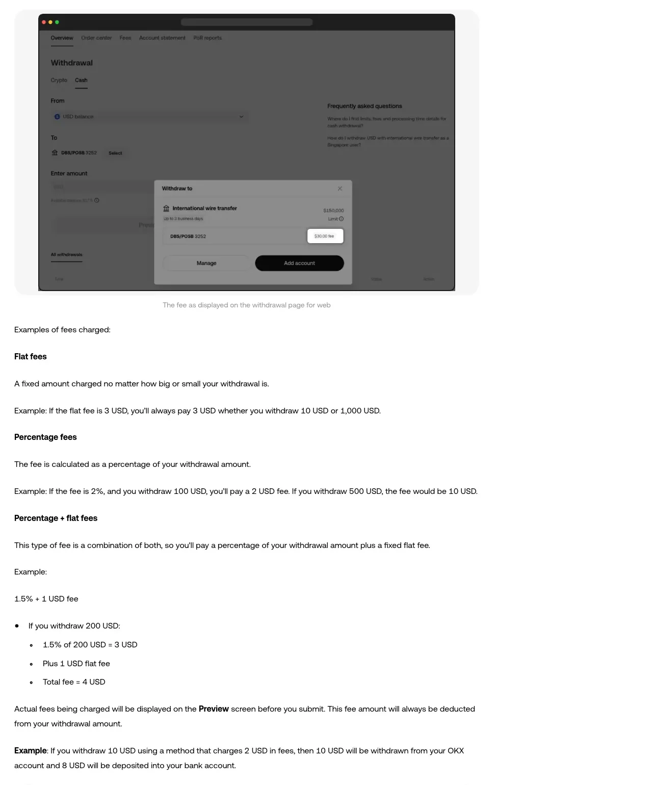 OKX's official documentation explaining the three withdrawal fee types — flat, percentage and combined — with worked numeric examples
