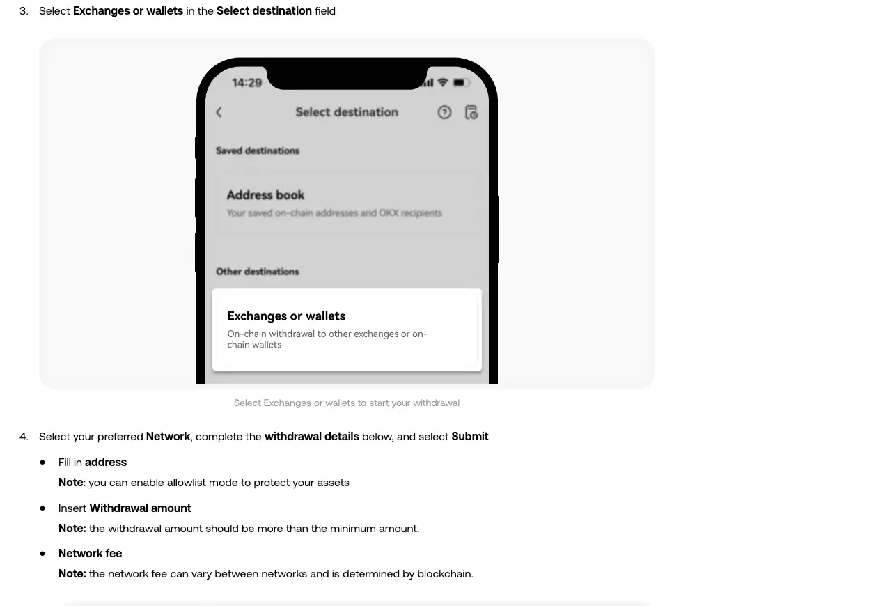 OKX's official withdrawal walkthrough showing the destination selector and the note that network fees vary by network and are set by the blockchain