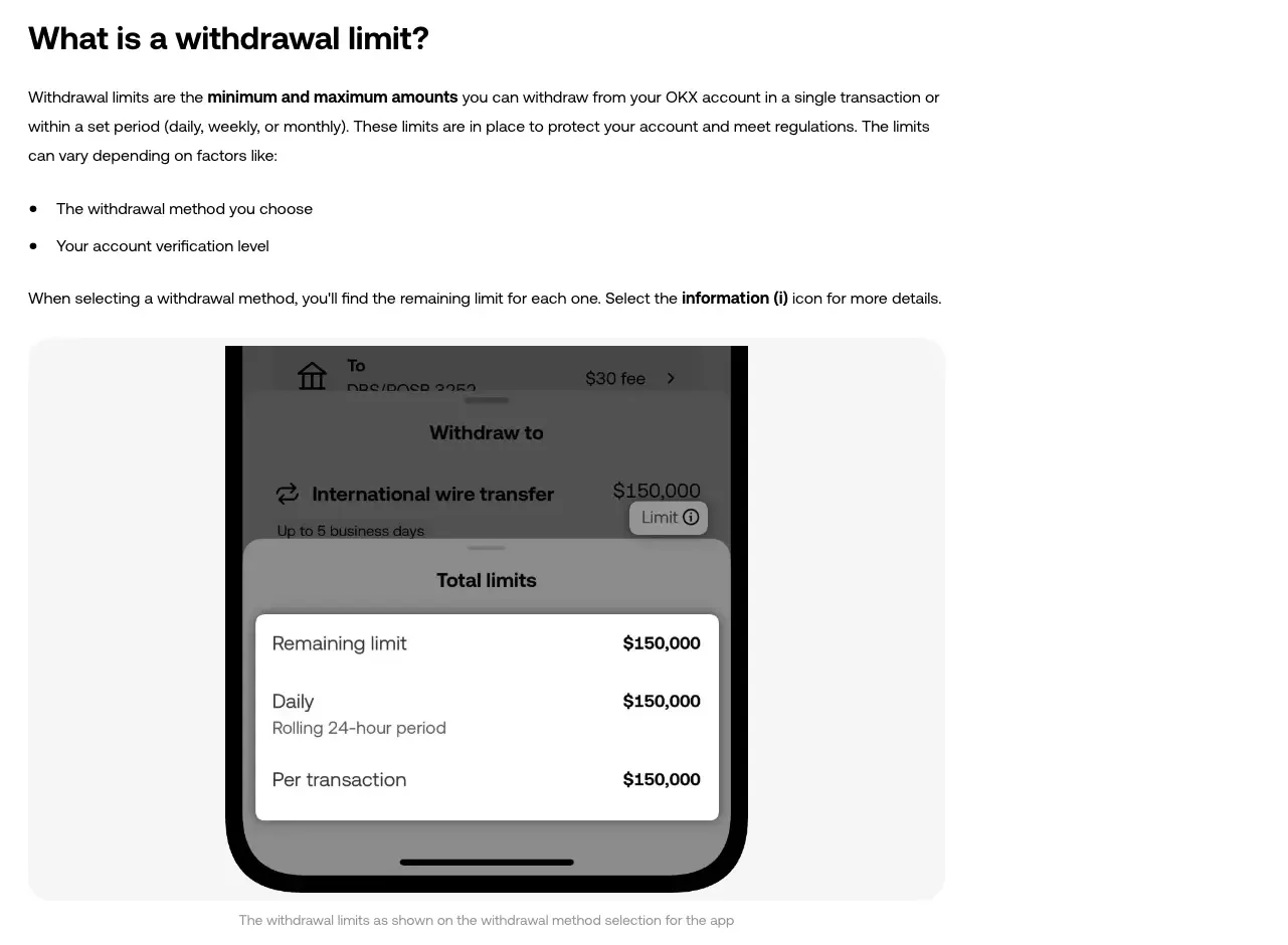 OKX documentation on withdrawal limits, showing remaining limit, daily limit and per-transaction limit